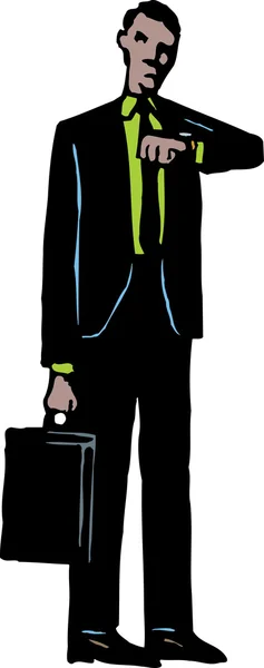 Business Man with Briefcase Looking at Watch — Stock Vector