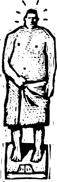 Ilustración vectorial del hombre con sobrepeso en la escala de baño — Archivo Imágenes Vectoriales