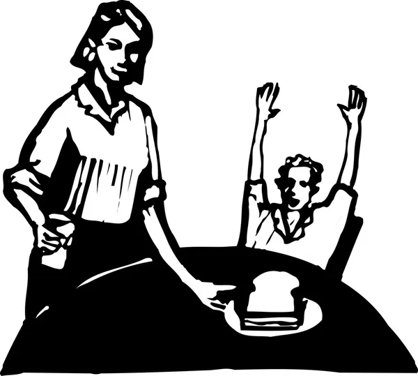 Ilustração da Mãe Dando ao Filho um sanduíche para o Almoço — Vetor de Stock