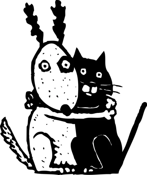 Illustration von verängstigten Katzen und Hunden, die sich gegenseitig halten — Stockvektor