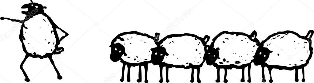 Vector Illustration of Leader Leading Flock of Sheep
