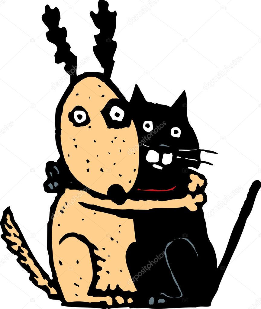 Illustration of Scared Cat and Dog Holding Each Other