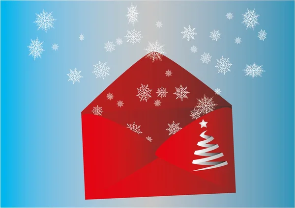 Enveloppe rouge avec signes hivernaux - neige et sapin de Noël — Image vectorielle