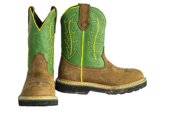 Hnědé a zelené kovbojské boty práce — Stock fotografie