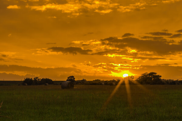 A sunset scene in a round bale hay pasture.