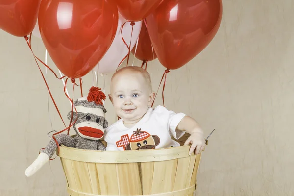 Menino de aniversário com macaco meia — Fotografia de Stock