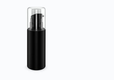 Black matte spray bootle mockup isolated from background: shampoo plastic bootle package design. Blank hygiene, medical, body or facial care template. 3d illustration