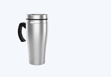 3 boyutlu Paslanmaz Çelik seyahat kupası kahve veya çay için beyaz arka planda izole edilmiş. Öge projeniz için uygun.