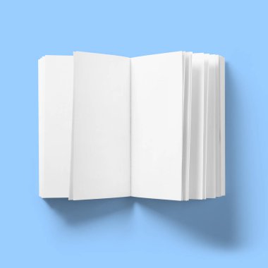 Okul konseptine geri dönelim, sert kapak boş beyaz kitap sayfaları mavi üzerine izole edilmiş olarak kaldırıldı..