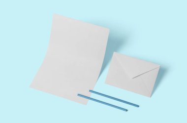 Beyaz boş kırtasiye modeli yapın, tasarımınızı ekleyin. Okula dönüş konsepti yumuşak maviyle izole edilmiş..