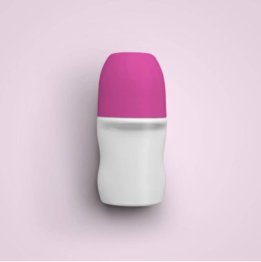 Deodorant plastik şişesinde beyaz rulo yapılmış. Gri arka planda pembe kapaklı. Model tasarımınıza uygun.
