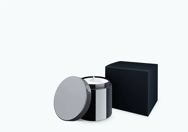 空の黒光沢のある化粧品瓶モックアップ上の白の背景にスミアクリームでフロントビュー角度 3Dイラスト — ストック写真