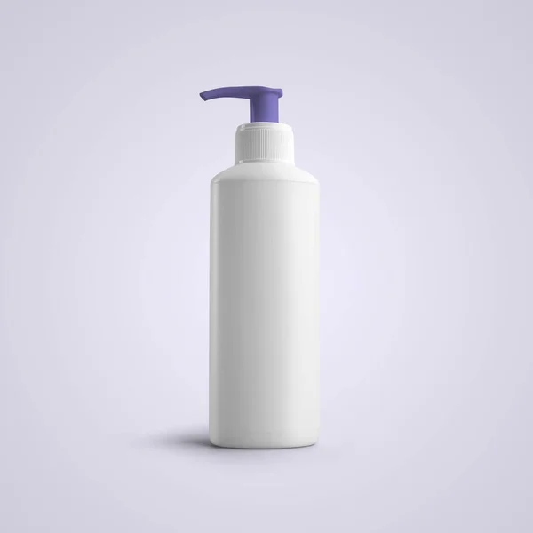 Renderowania Puste Białe Plastikowe Butelki Kosmetyczne Fioletowym Dozownikiem Izolowane Szarym — Zdjęcie stockowe