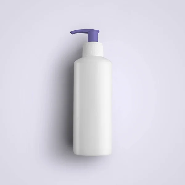 Rendering Blank Vit Kosmetisk Plastflaska Med Lila Dispenser Isolerad Grå — Stockfoto