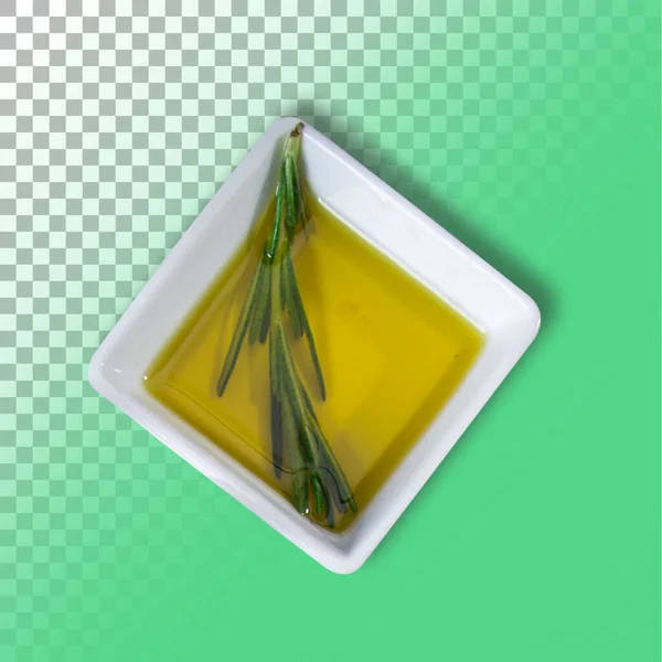 Zielony Liść Koperku Białej Misce Oliwą Oliwek Przezroczystym Tle — Zdjęcie stockowe