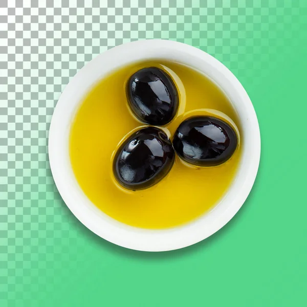 Olives Noires Fraîches Dans Bol Sur Fond Transparent — Photo