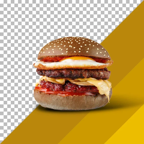 Pyszny Soczysty Czarny Burger Dużym Kotletem Mięsa Przejrzystym Tle — Zdjęcie stockowe