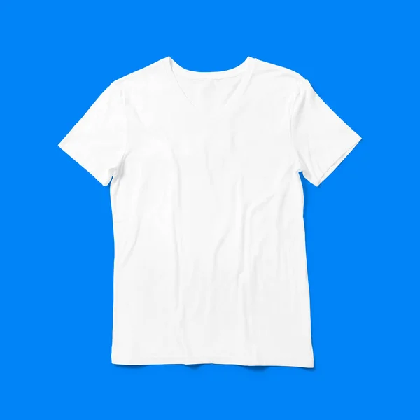 顶部看白色V领T恤孤立在蓝色的背景 适合你的设计计划 — 图库照片