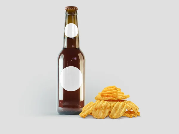 Kartoffeln Chips Snacks Und Braune Flasche Isoliert Auf Farbigem Hintergrund — Stockfoto