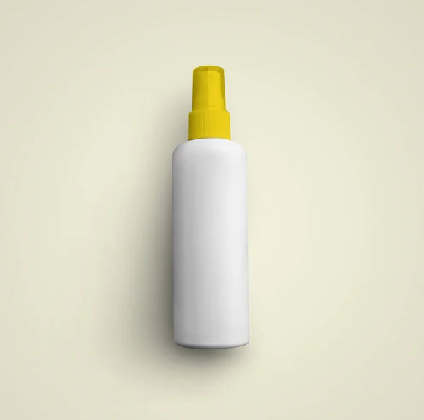 Renderização Branco Frasco Plástico Cosmético Spray Branco Com Tampa Amarela — Fotografia de Stock