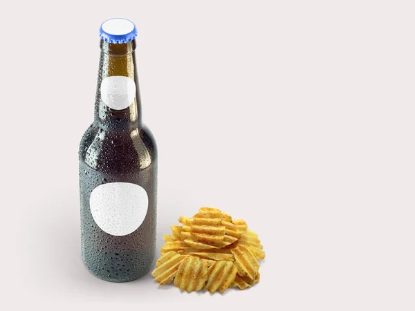 Aardappelen Chip Snacks Bruine Fles Geïsoleerd Gekleurde Achtergrond Oktoberfest Concept — Stockfoto