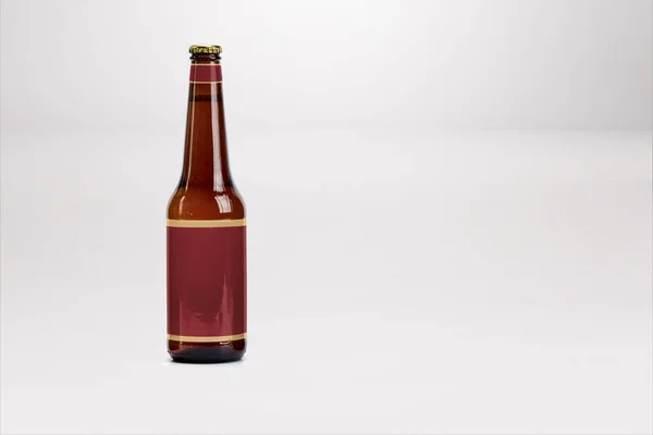 Mock Garrafa Cerveja Marrom Isolado Branco Etiqueta Branco — Fotografia de Stock