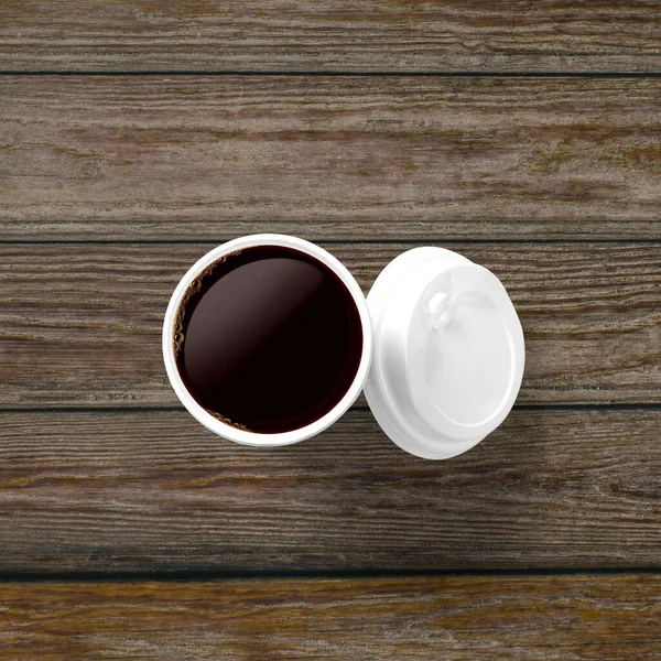 Blick Von Oben Auf Kaffeetasse Mit Deckel Isoliert Auf Holzhintergrund — Stockfoto