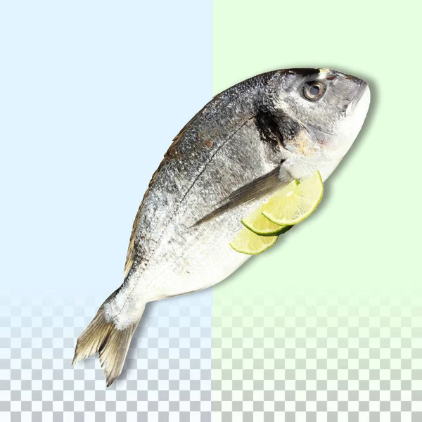 One Raw Fresh Dorado Fish Three Lemon Slices Transparent Background — Stock Photo, Image