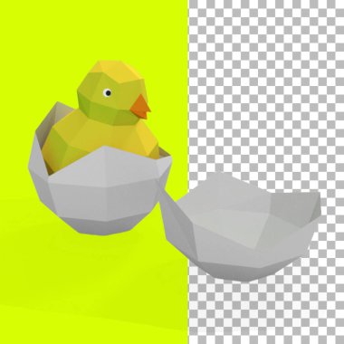 Yumurta kabukları üzerinde duran yeni doğmuş sarı tavuk kağıdı..