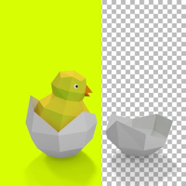 Yumurta kabukları üzerinde duran yeni doğmuş sarı tavuk kağıdı..