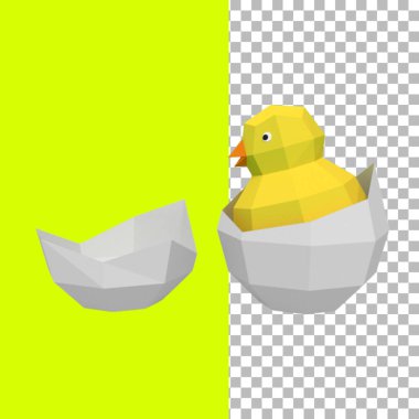 Yumurta kabukları üzerinde duran yeni doğmuş sarı tavuk kağıdı..