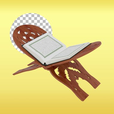 İslami kavram. Kutsal El-Kur 'an. Ahşap masa üzerinde Arapça yazı var..