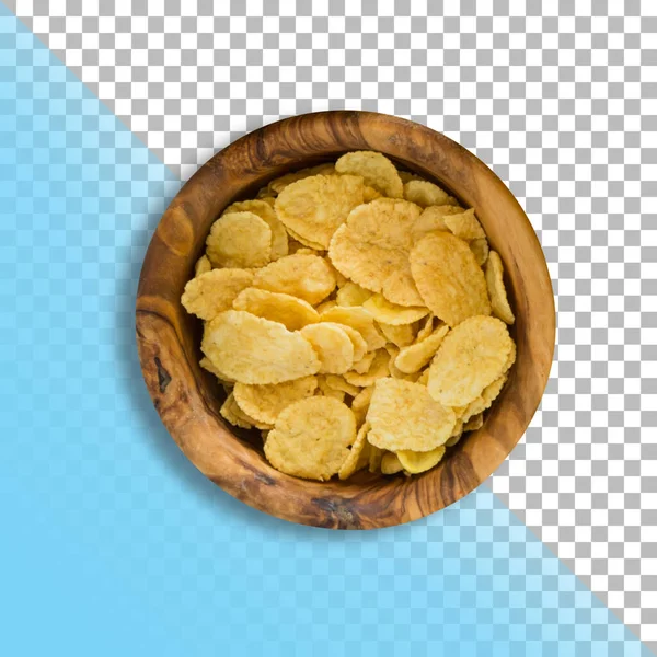 Closeup View Corn Flakes Wooden Bowl Transparent Background — Stock Photo, Image