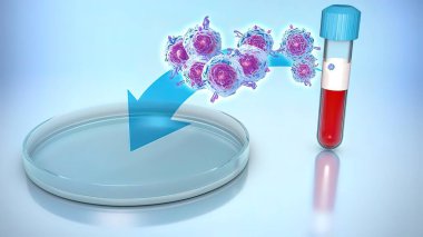 Yeni Coronavirus 'un keşfettiği COVID-19 pozitif kan testinin 3D çizimi