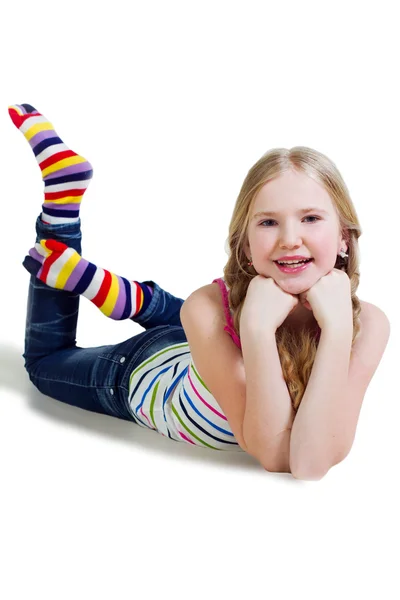 Portrait beautiful girl lying on a floor — Stock Photo, Image