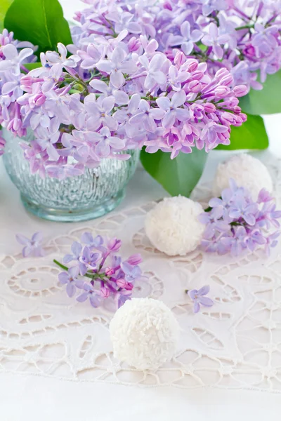 Beautiful lilac flowers and coconut candies — Stock Photo, Image