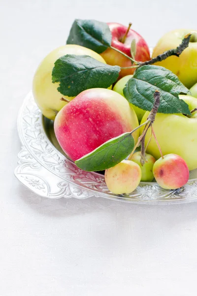 Manzanas con hojas en una bandeja — Foto de Stock