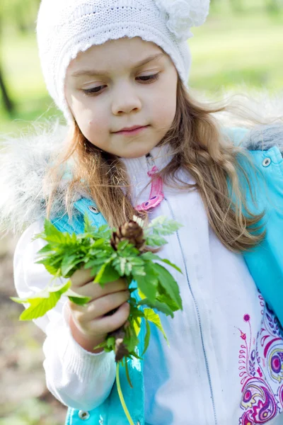 Portret van het meisje met een boeket van een gras — Stockfoto