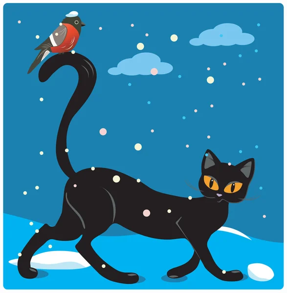 Gato y ave — Vector de stock