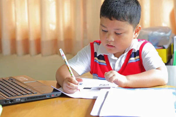 Le garçon travaille soigneusement ses devoirs . — Photo