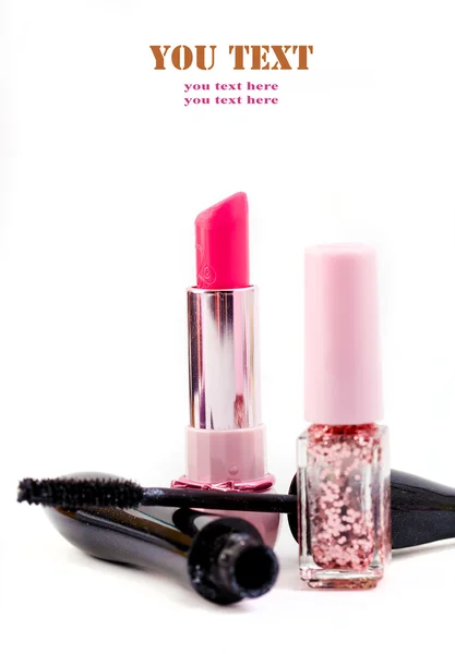 Cosmetics isolated on white background. Pink lipstick, mascara, — Stock Photo, Image