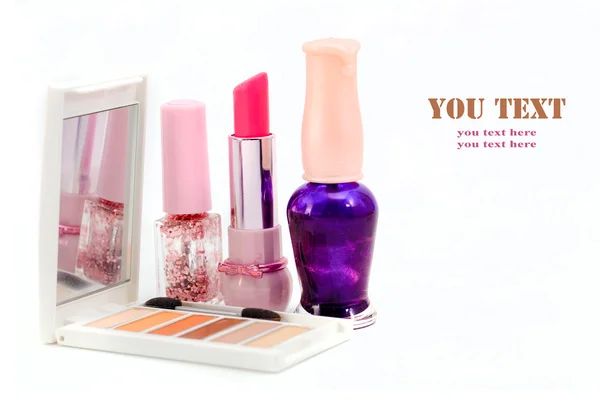 Cosmetics isolated on white background. Pink lipstick, mascara, — Stock Photo, Image