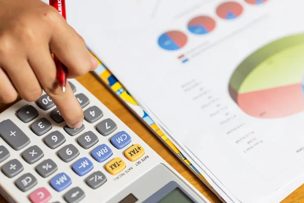 Finance budget report with hand of someone — Stock Photo, Image