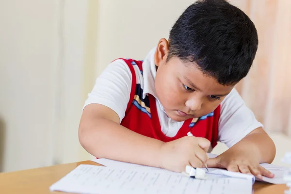 Le garçon travaille soigneusement ses devoirs . — Photo