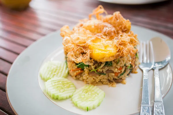 Basil Beef Fried Rice Topped with a fried egg — Stock Photo, Image