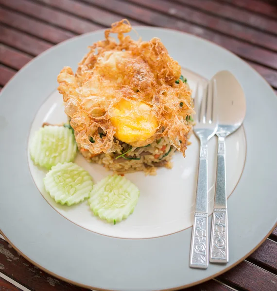 Basil Beef Fried Rice Topped with a fried egg — Stock Photo, Image