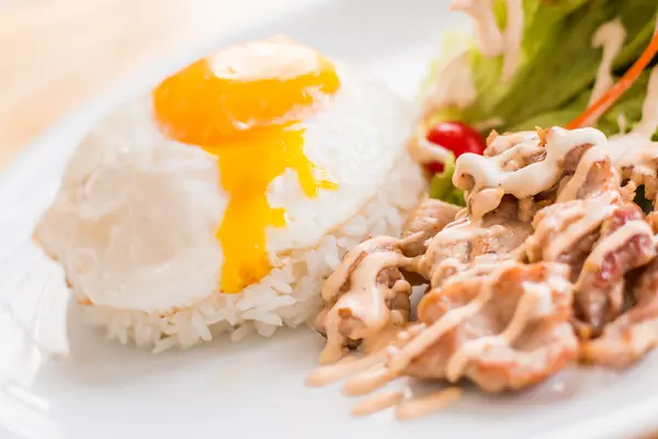 Gebratenes Schweinefleisch auf Reis mit Eiern — Stockfoto