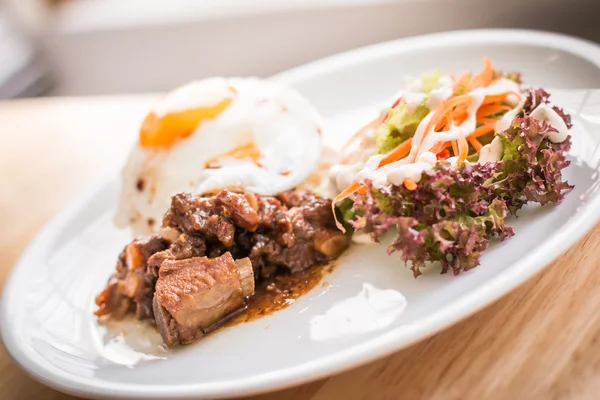 Pork fried on rice topped with sauce — Stock Photo, Image