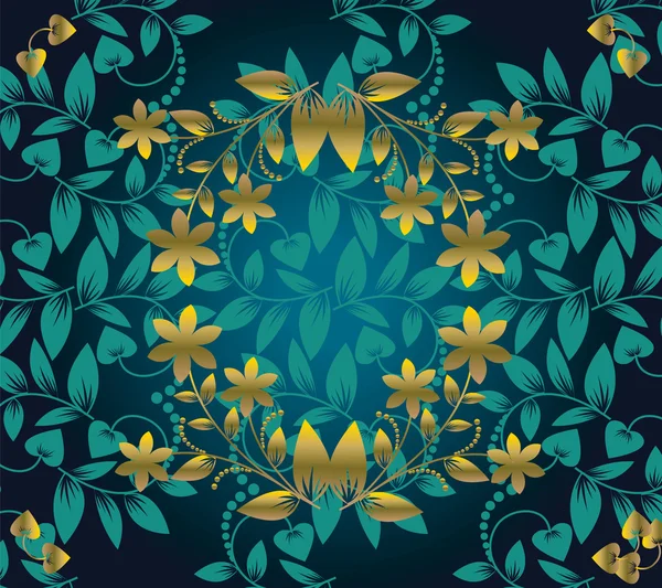 Patrón floral sin costuras sobre fondo verde con flor dorada — Archivo Imágenes Vectoriales