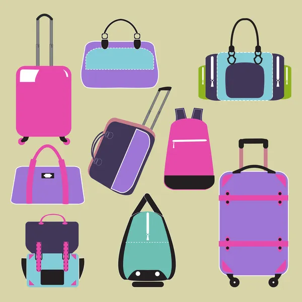 Coleção vetorial de ícones planos modernos com bagagem e saco de viagem —  Vetores de Stock